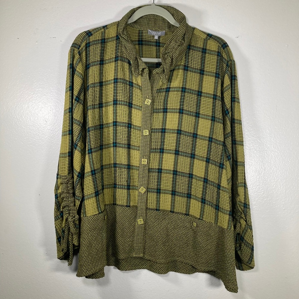 Habitat Clothes to Live In XL Plaid Houndstooth Ruched Sleeve Button Down Shirt